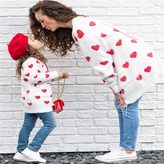 Mother and Daughter Cardigan Family Matching Long Sleeve Open Front Heart Sweater with Pockets Autumn Coat