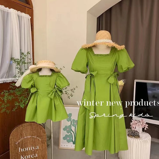 Family Matching Clothes Spring Summer Shirt Cute Bow Mother Daughter Soft Cotton Dress Women Long Dress Baby Girl  Dress