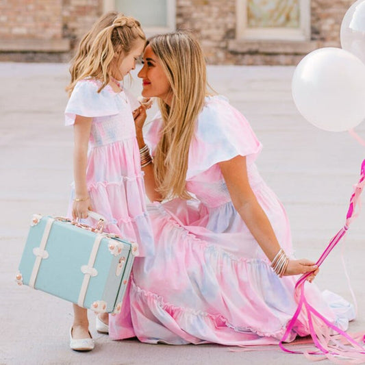 Mom and Daughter Dress Puff Sleeve Pink Ruffle Dress Party Mother and Daughter Clothes Summer Flower Mommy and Me Clothes