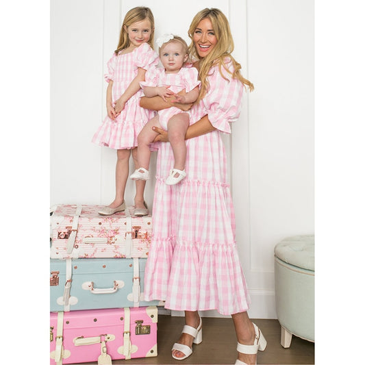 Summe Mother Daughter Matching Dresses Pink Grid Spring Family Look Mommy and Me Clothes Outfits Mom Mum Baby Women Girls Dress