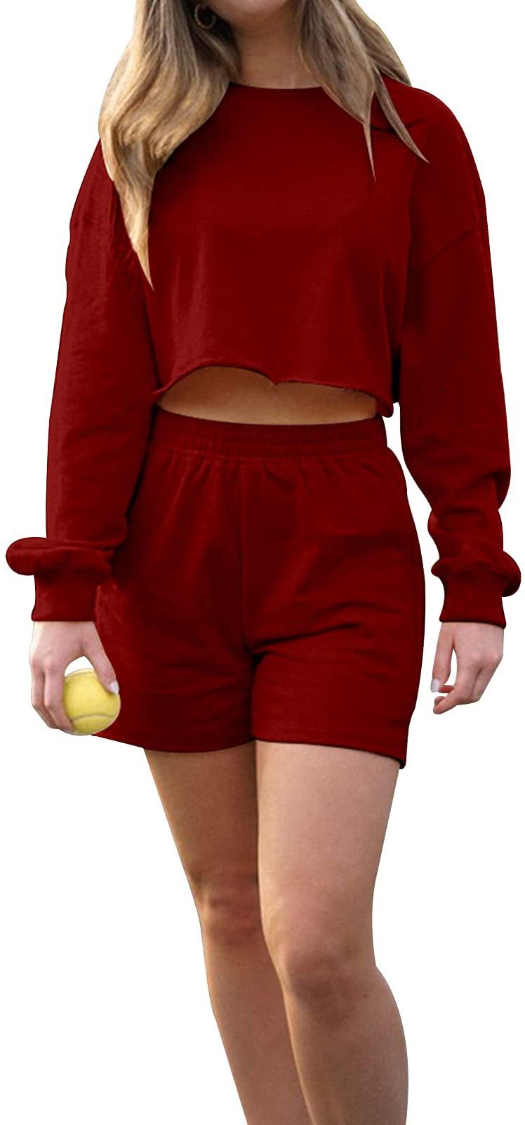 Women's Solid Color Sports Long Sleeve Sweater Shorts Set